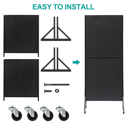 Eastern Tree 2.5'x 6' Metal Pegboard Display Stand with T-Base, Black Peg Board Panels Display with Casters, Standing Pegboard Display, Retail Display Stand, Extra 10 Pieces Hooks, Black - size: 1-Pack Black