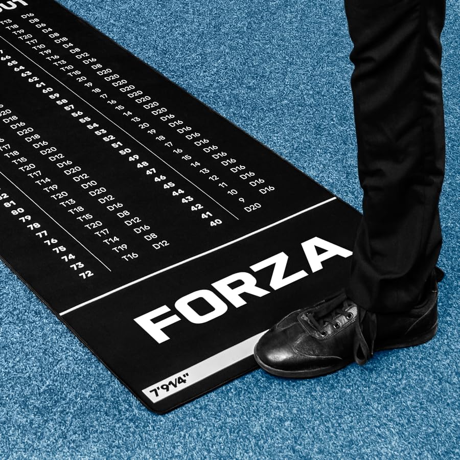 FORZA Darts Checkout Mat | Official Throw-Line & 2-/3-Dart Checkout Chart – Premium Polyester Surface with Non-Slip Rubber Base – Full-Length Floor Mat 94.5in x 24in for Home, Pub or Club Use